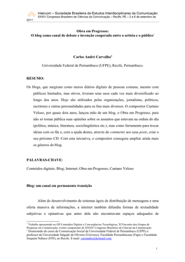 Sociedade Brasileira De Estudos Interdisciplinares Da Comunicação XXXIV Congresso Brasileiro De Ciências Da Comunicação – Recife, PE – 2 a 6 De Setembro De 2011