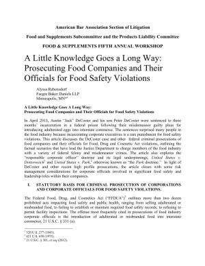 A Little Knowledge Goes a Long Way: Prosecuting Food Companies and Their Officials for Food Safety Violations