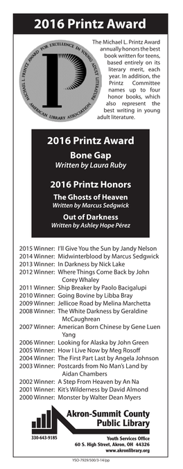2016 Printz Award 2016 Printz Award