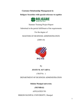 Customer Relationship Management in Religare Securities with Special