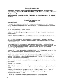 ORDINANCE NUMBER 3582 an Ordinance Amending Chapter 8.64 Missoula Municipal Code Entitled "Missoula Outdoor Lighting Ordina