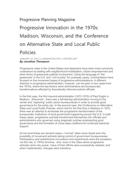 Progressive Innovation in the 1970S: Madison, Wisconsin, and the Conference on Alternative State and Local Public Policies