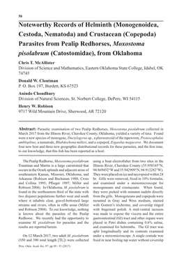 (Copepoda) Parasites from Pealip Redhorses, Moxostoma Pisolabrum (Catostomidae), from Oklahoma Chris T