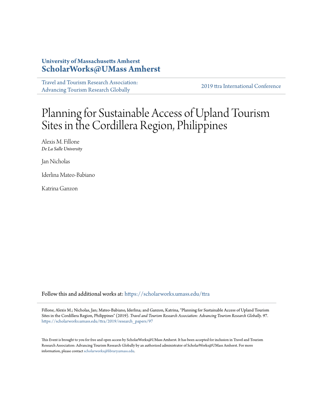 Planning for Sustainable Access of Upland Tourism Sites in the Cordillera Region, Philippines Alexis M