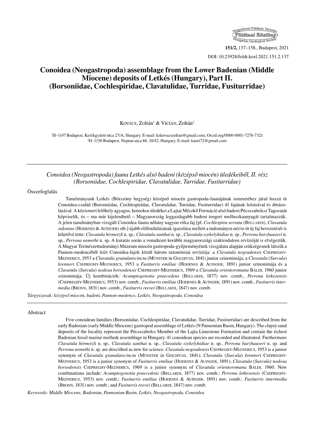 Conoidea (Neogastropoda) Assemblage from the Lower Badenian (Middle Miocene) Deposits of Letkés (Hungary), Part II. (Borsoniida