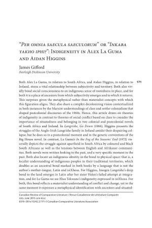 Indigeneity in Alex La Guma and Aidan Higgins James Gifford Fairleigh Dickinson University