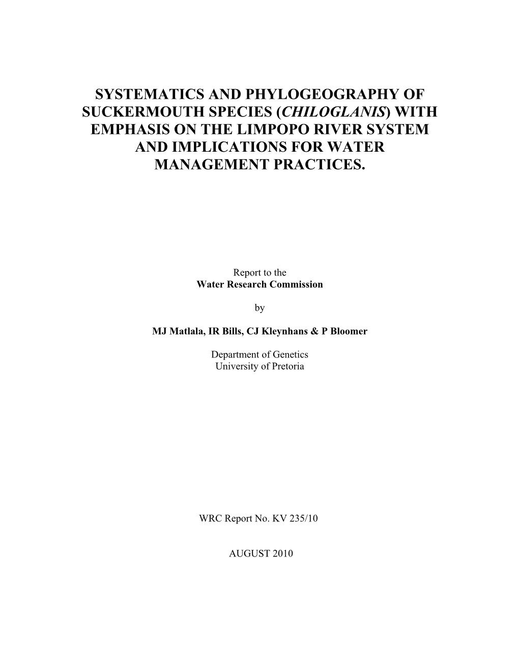 Chiloglanis) with Emphasis on the Limpopo River System and Implications for Water Management Practices