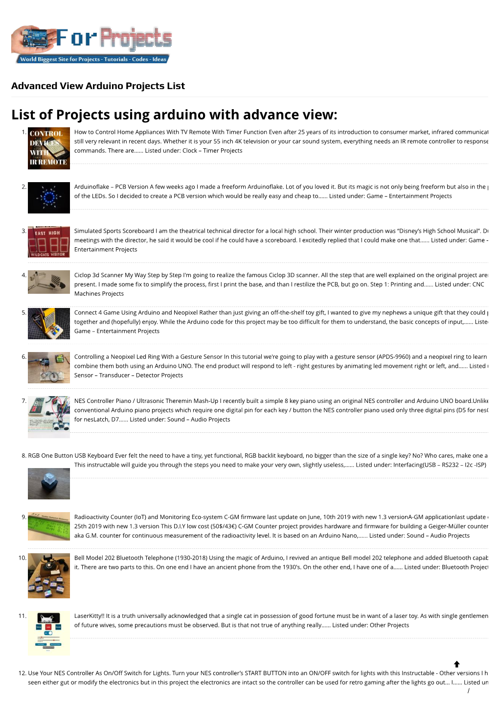 List of Projects Using Arduino with Advance View