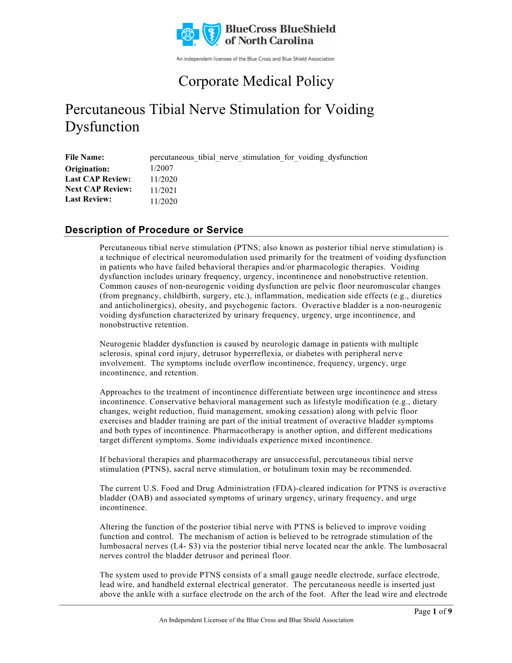 Percutaneous Tibial Nerve Stimulation for Voiding Dysfunction