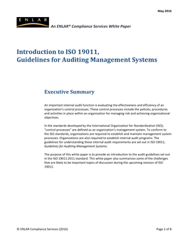 Introduction to ISO 19011, Guidelines for Uditing Management Systems