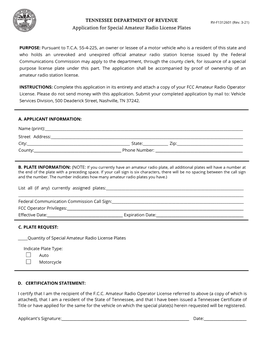 Application for Special Amateur Radio License Plates
