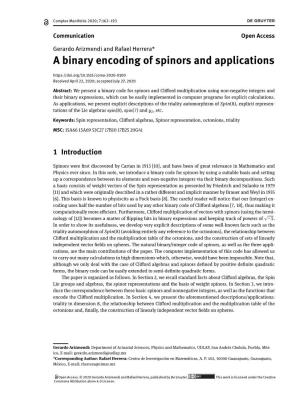 A Binary Encoding of Spinors and Applications Received April 22, 2020; Accepted July 27, 2020