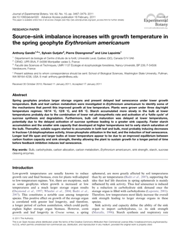 Source–Sink Imbalance Increases with Growth Temperature in the Spring Geophyte Erythronium Americanum