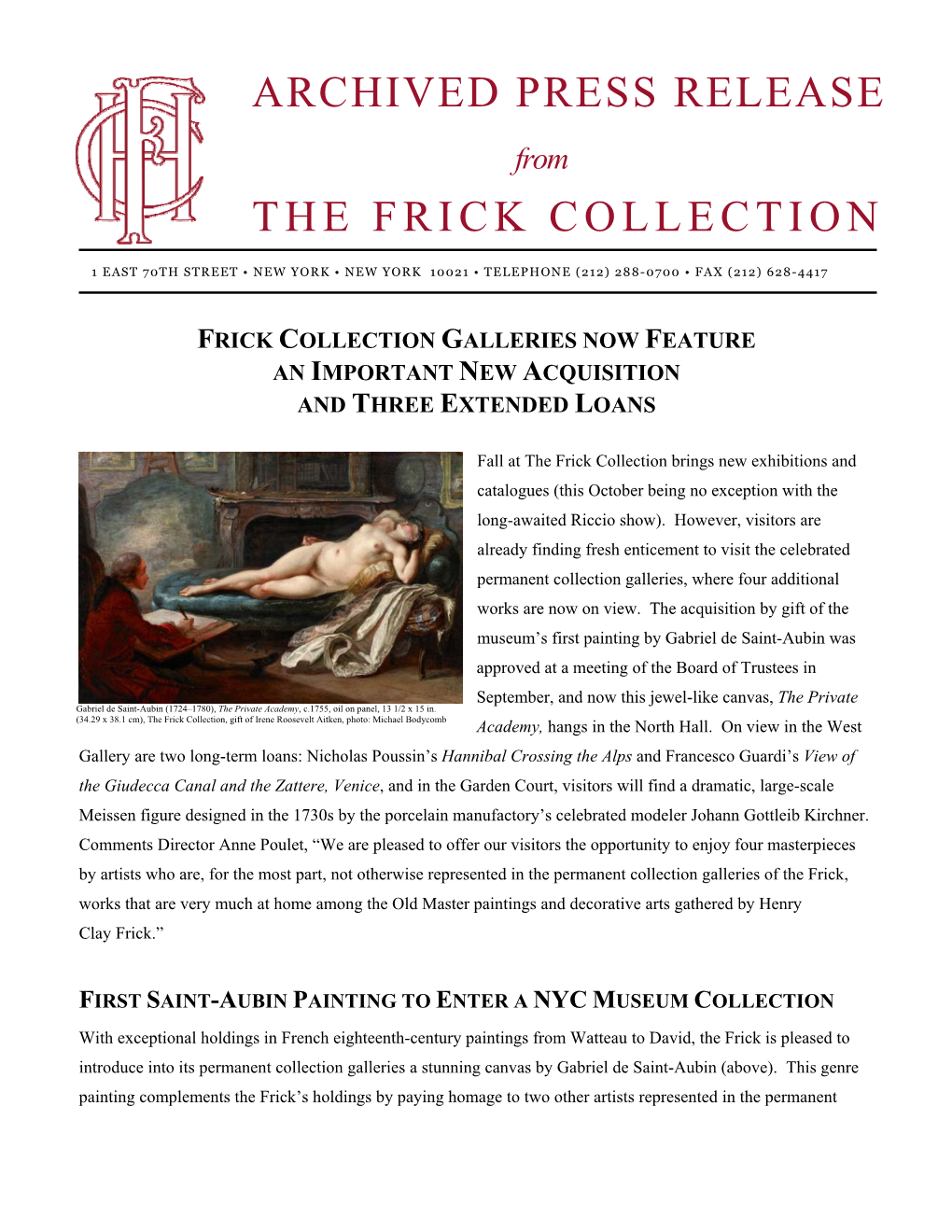 PRESS RELEASE from the FRICK COLLECTION