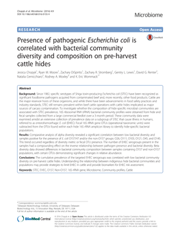 Presence of Pathogenic Escherichia Coli Is Correlated with Bacterial Community Diversity and Composition on Pre-Harvest Cattle Hides Jessica Chopyk1, Ryan M