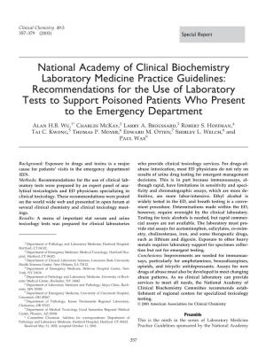 Recommendations for the Use of Laboratory Tests to Support Poisoned Patients Who Present to the Emergency Department