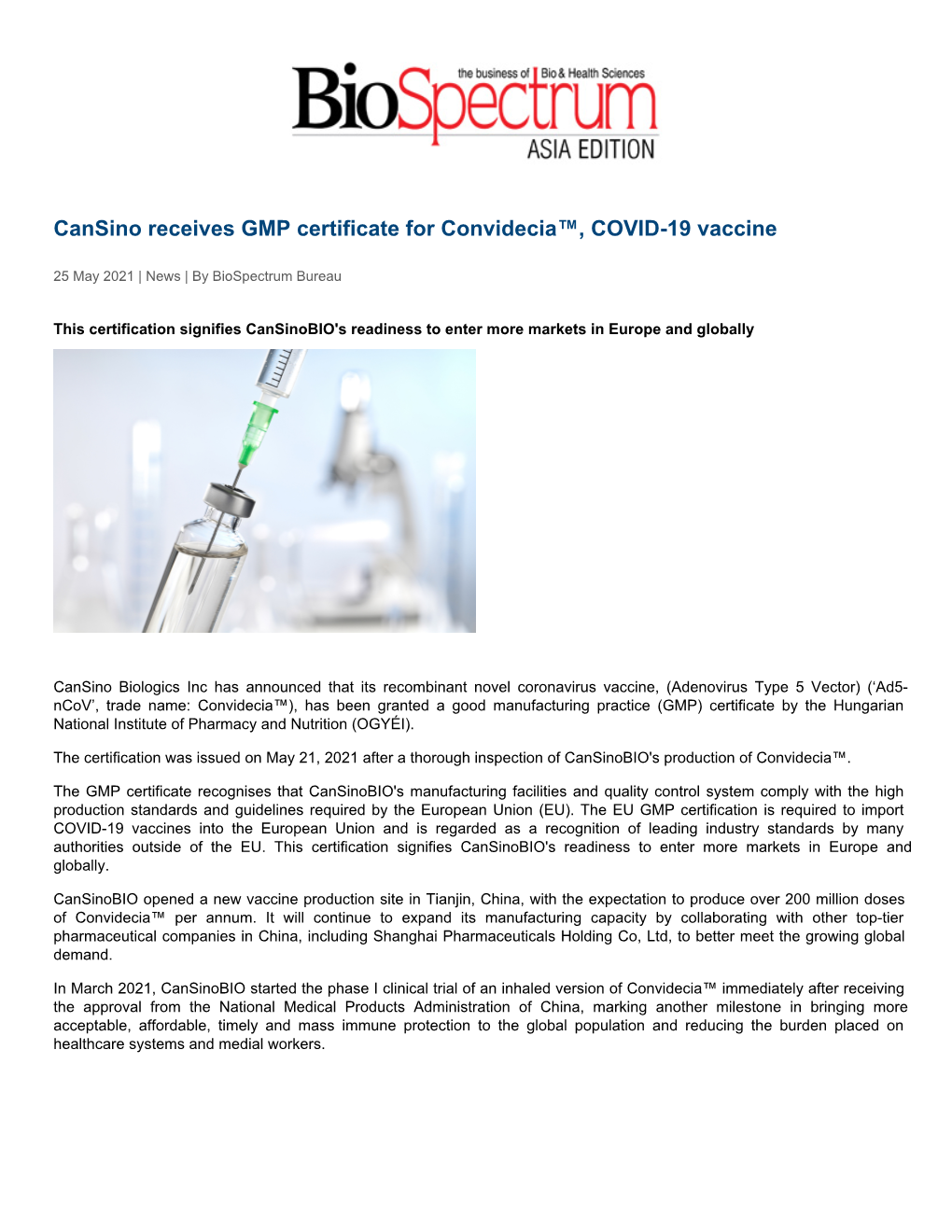 Cansino Receives GMP Certificate for Convideciaž, COVID-19 Vaccine