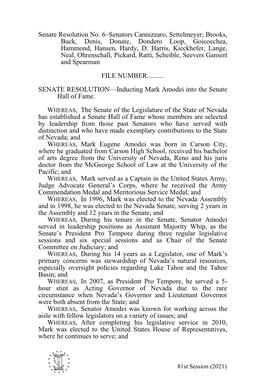 Senate Resolution No. 6–Senators Cannizzaro, Settelmeyer; Brooks, Buck, Denis, Donate, Dondero Loop, Goicoechea, Hammond, Hansen, Hardy, D