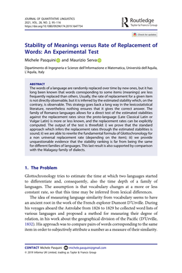 Stability of Meanings Versus Rate of Replacement of Words: an Experimental Test Michele Pasquini and Maurizio Serva