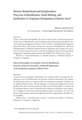 Between Brotherhood and Exceptionalism: Processes of Identification, Social Marking, and Justification in Uruguayan Immigration in Buenos Aires*