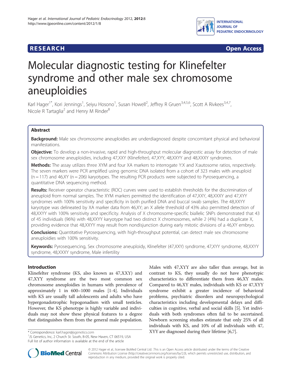 Molecular Diagnostic Testing For Klinefelter Syndrome And Other Male Sex Chromosome Aneuploidies 