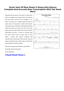 Seven Seas of Rhye Queen Ii Queen John Deacon Complete and Accurate Bass Transcription Whit Tab Sheet Music