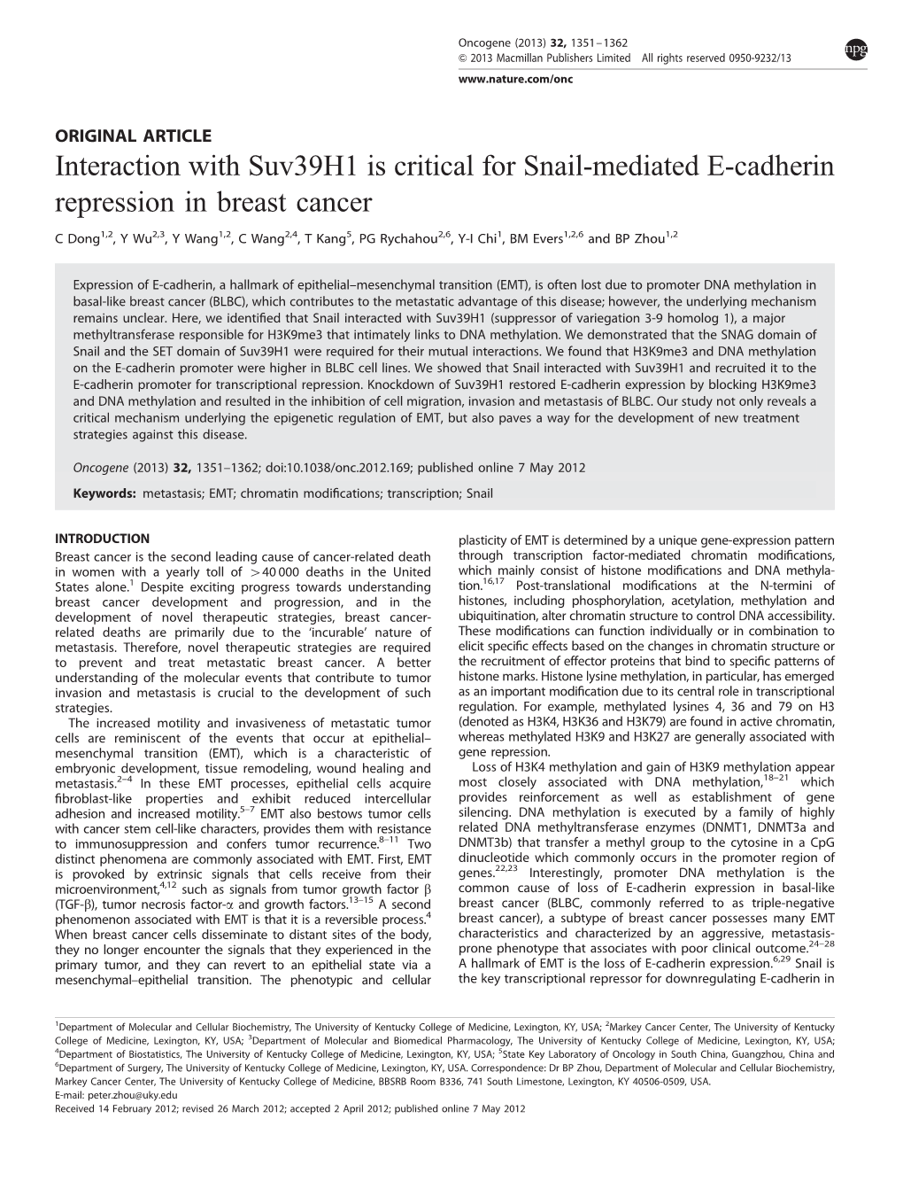 Interaction with Suv39h1 Is Critical for Snail-Mediated E-Cadherin Repression in Breast Cancer