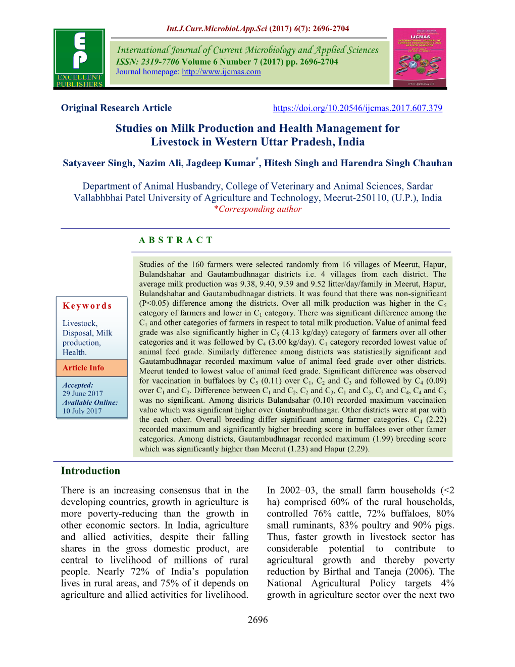 Studies on Milk Production and Health Management for Livestock in Western Uttar Pradesh, India