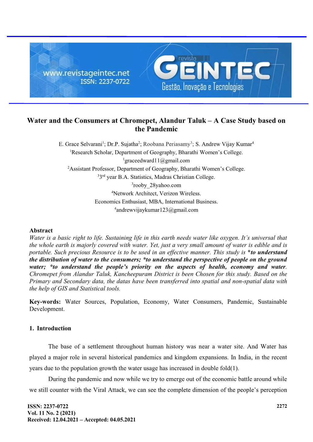 Water and the Consumers at Chromepet, Alandur Taluk – a Case Study Based on the Pandemic