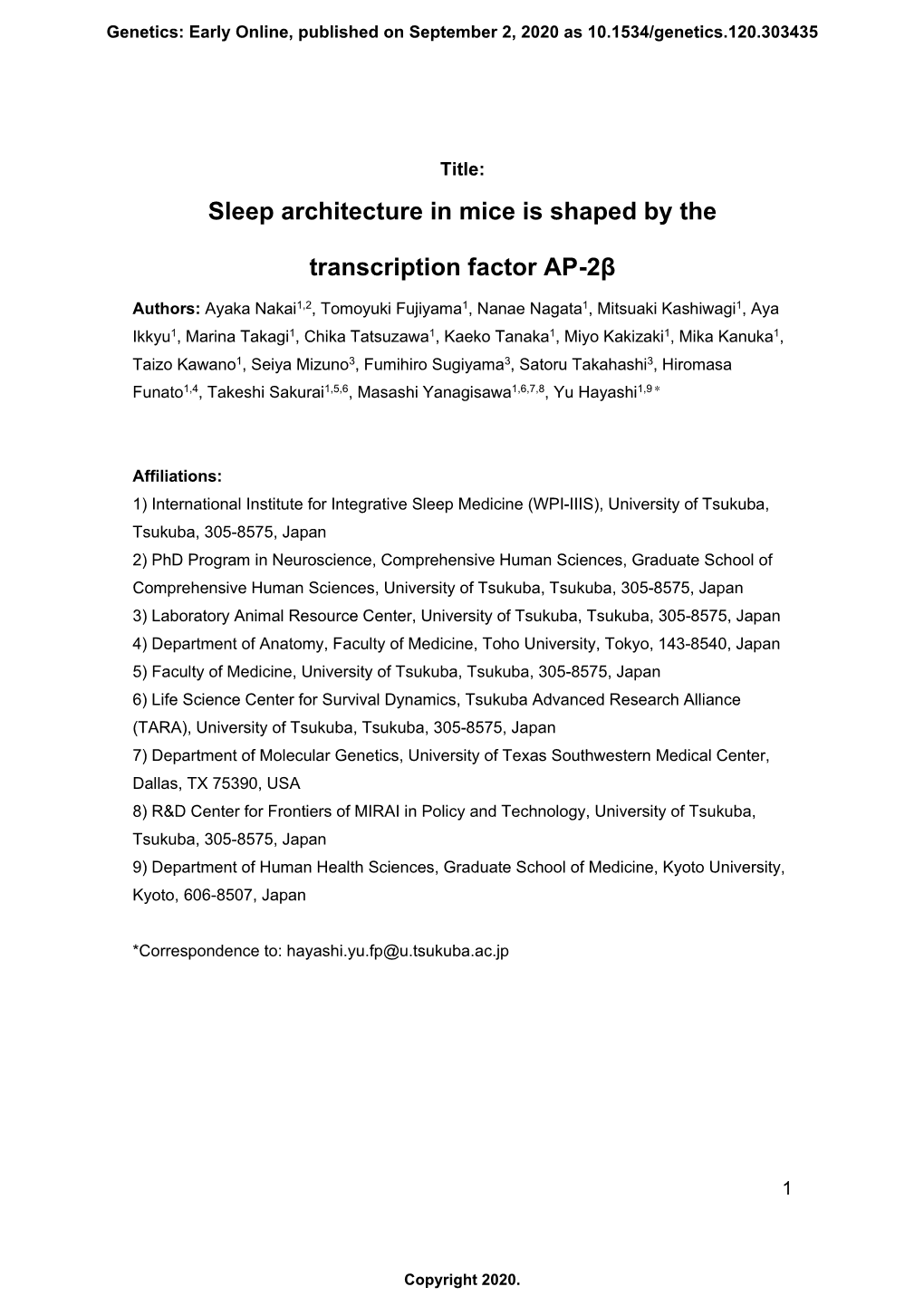 Sleep Architecture in Mice Is Shaped by the Transcription Factor AP-2Β