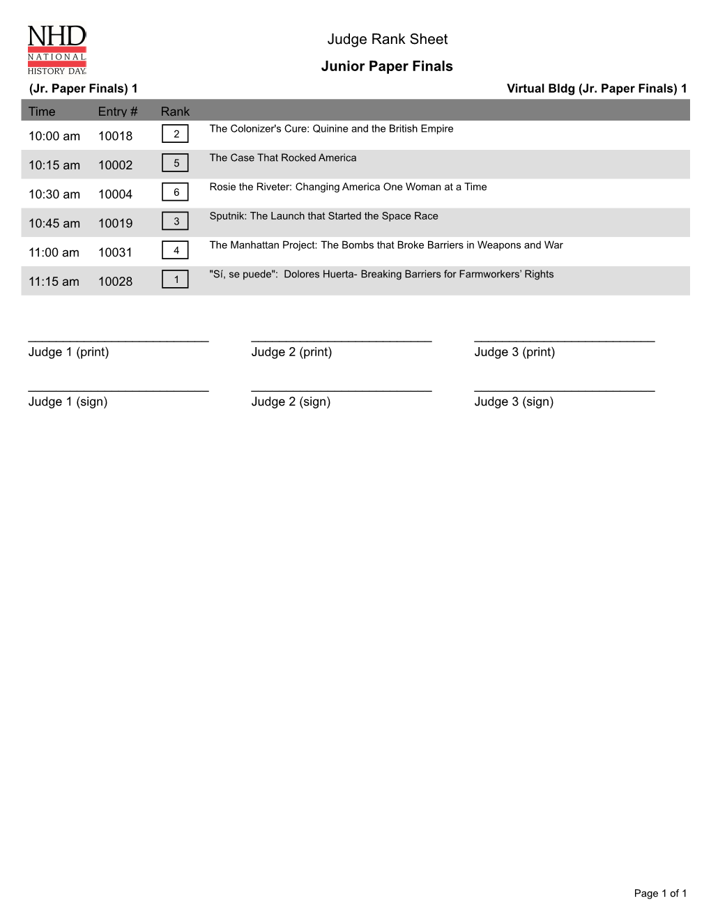 Judge Rank Sheet Junior Paper Finals (Jr