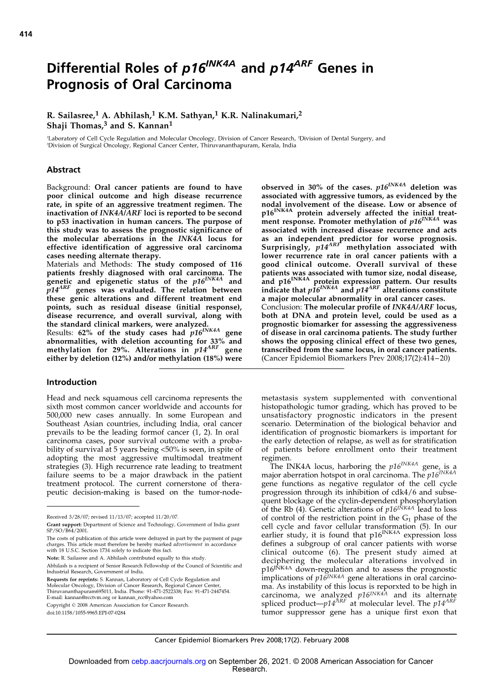 Differential Roles of P16 and P14 Genes in Prognosis of Oral