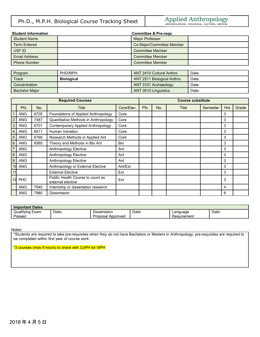 Archaeology Program Graduate Student Tracking Sheet