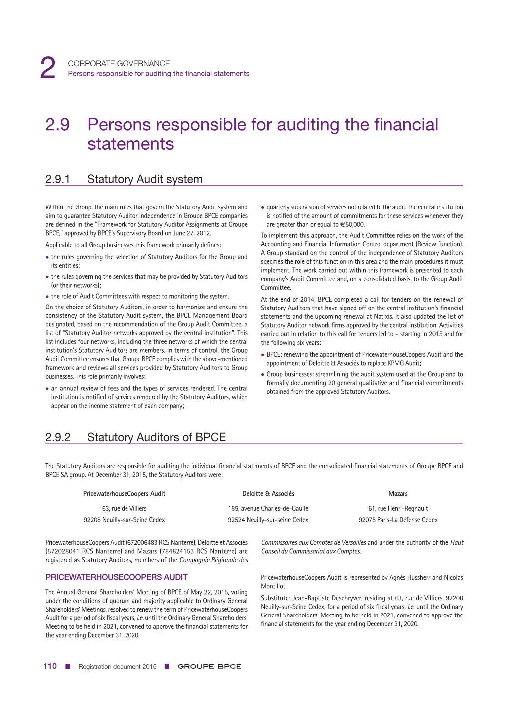 Statutory Auditors' Fees for 2015