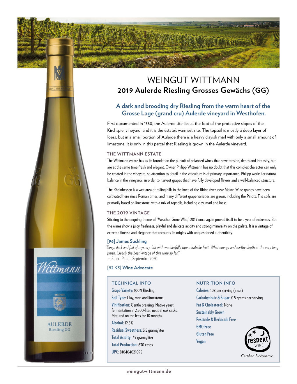 WEINGUT WITTMANN 2019 Aulerde Riesling Grosses Gewächs (Gg)