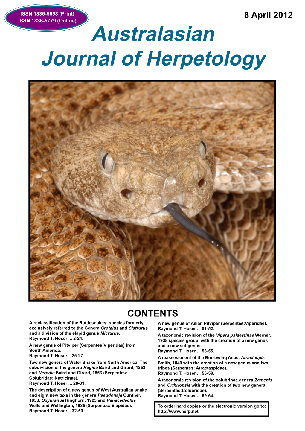 Australasian Journal of Herpetology 1 Journal of Herpetology