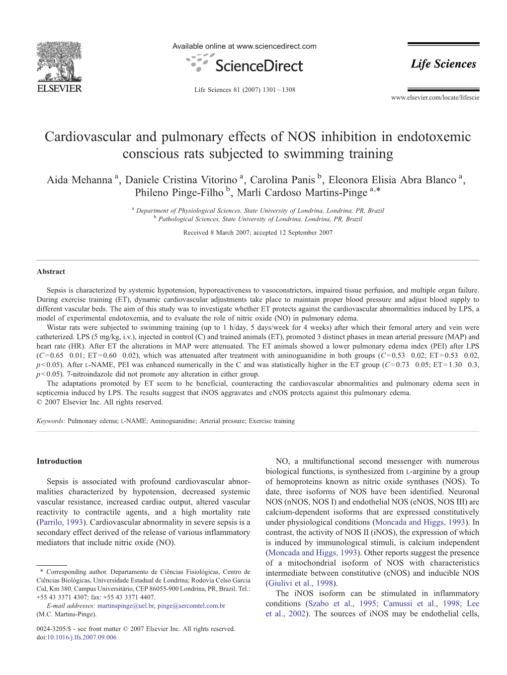 Cardiovascular and Pulmonary Effects of NOS Inhibition in Endotoxemic Conscious Rats Subjected to Swimming Training