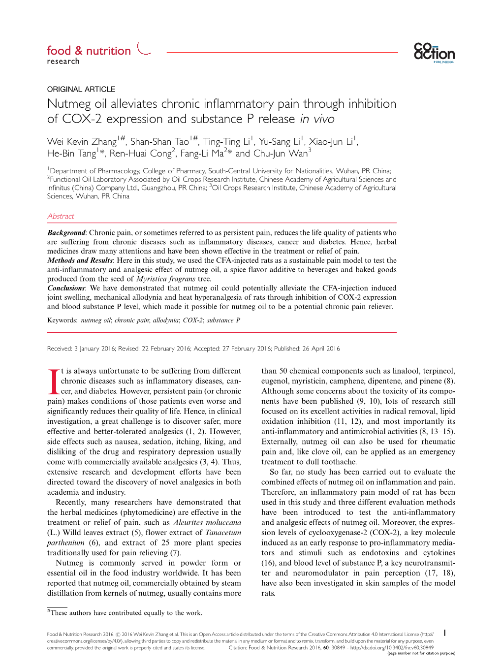 Nutmeg Oil Alleviates Chronic Inflammatory Pain Through Inhibition