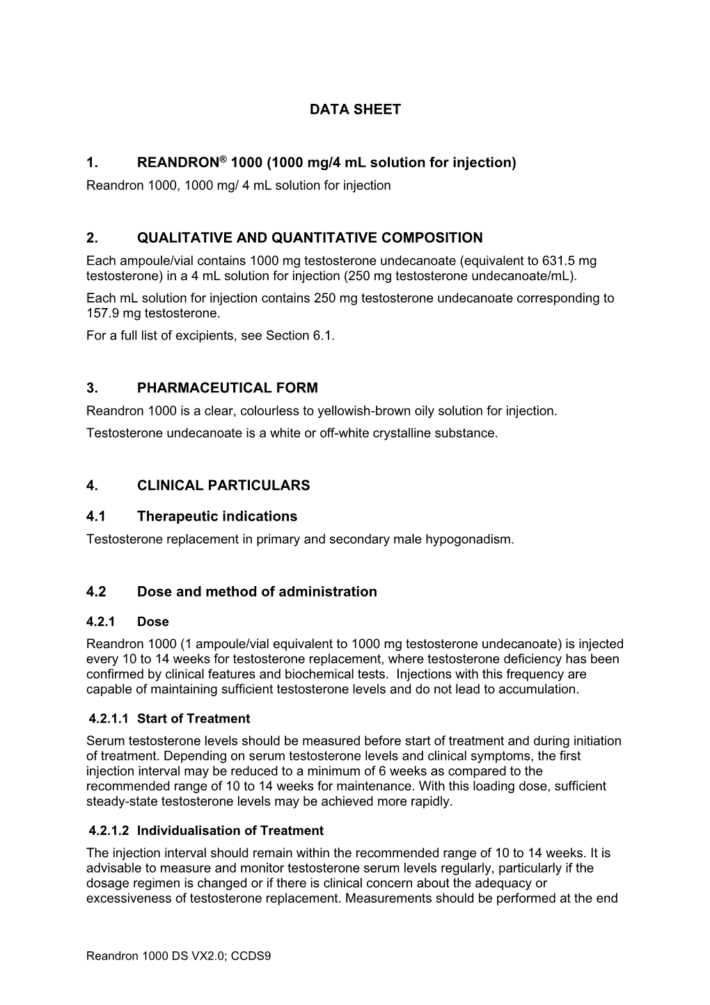 DATA SHEET 1. REANDRON® 1000 (1000 Mg/4 Ml Solution for Injection)