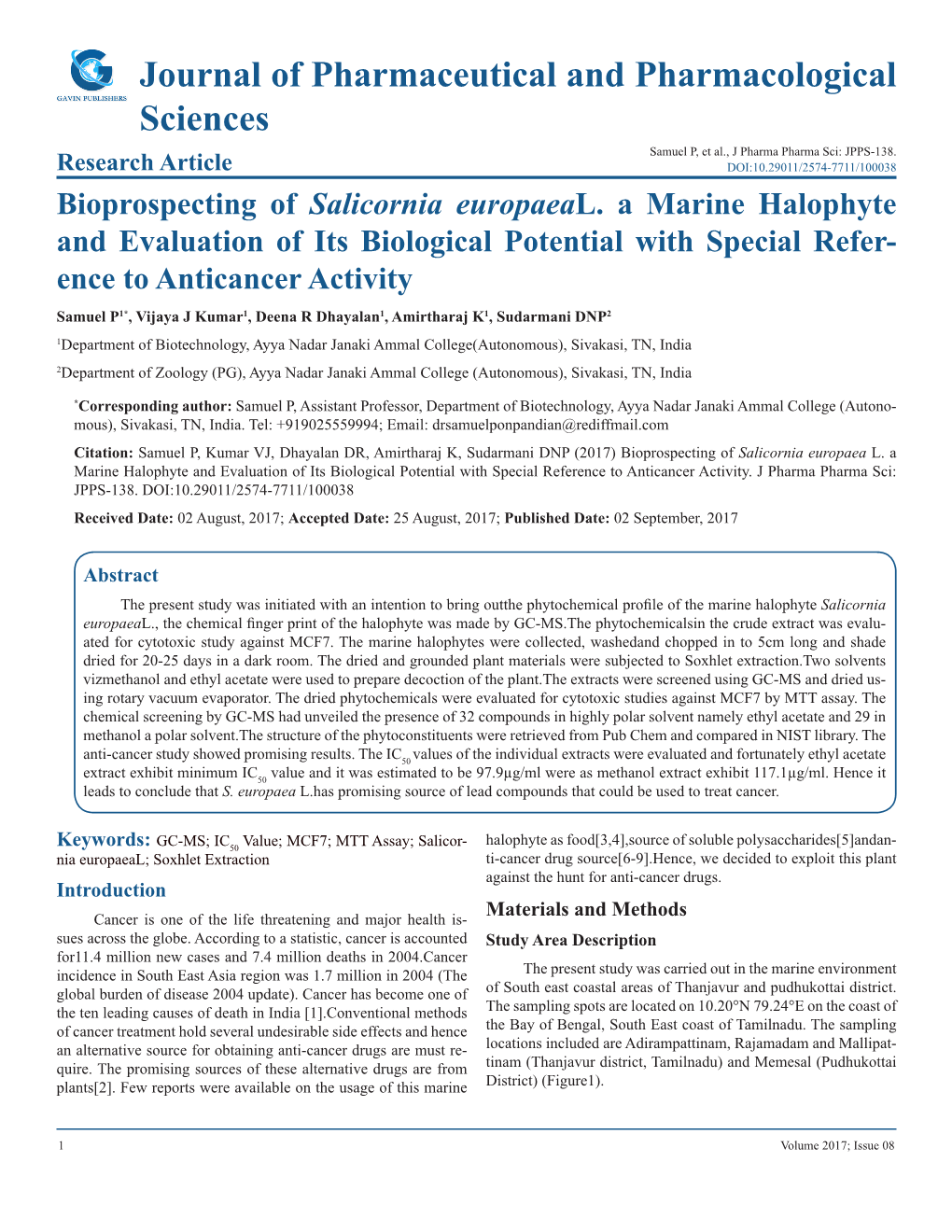 Journal of Pharmaceutical and Pharmacological Sciences Samuel P, Et Al., J Pharma Pharma Sci: JPPS-138