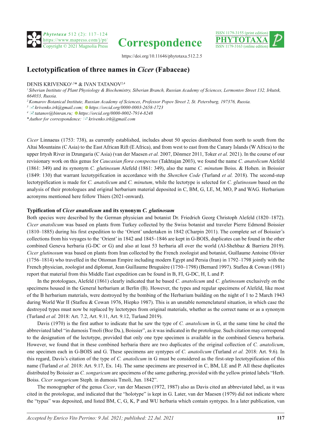 Lectotypification of Three Names in Cicer (Fabaceae)