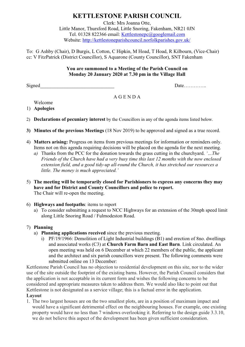 Kettlestone Parish Council Agenda January 2020