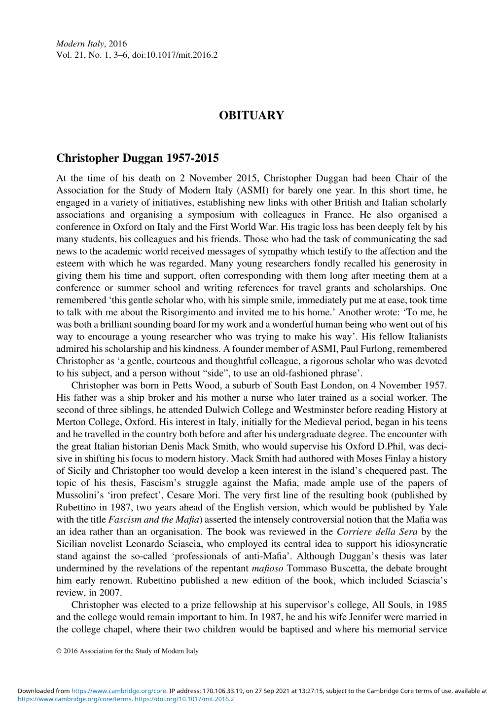 OBITUARY Christopher Duggan 1957-2015