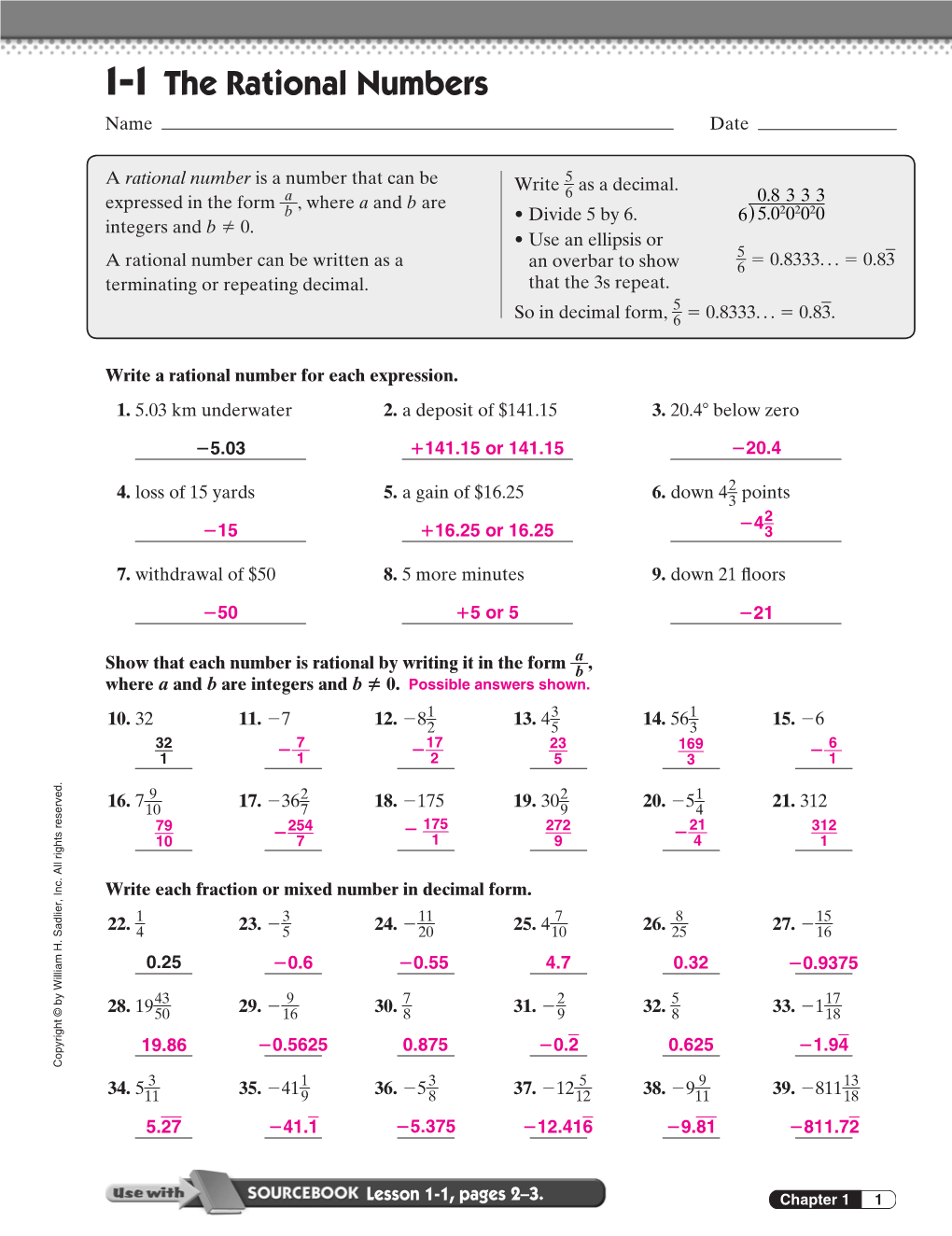 1-1 the Rational Numbers Name Date