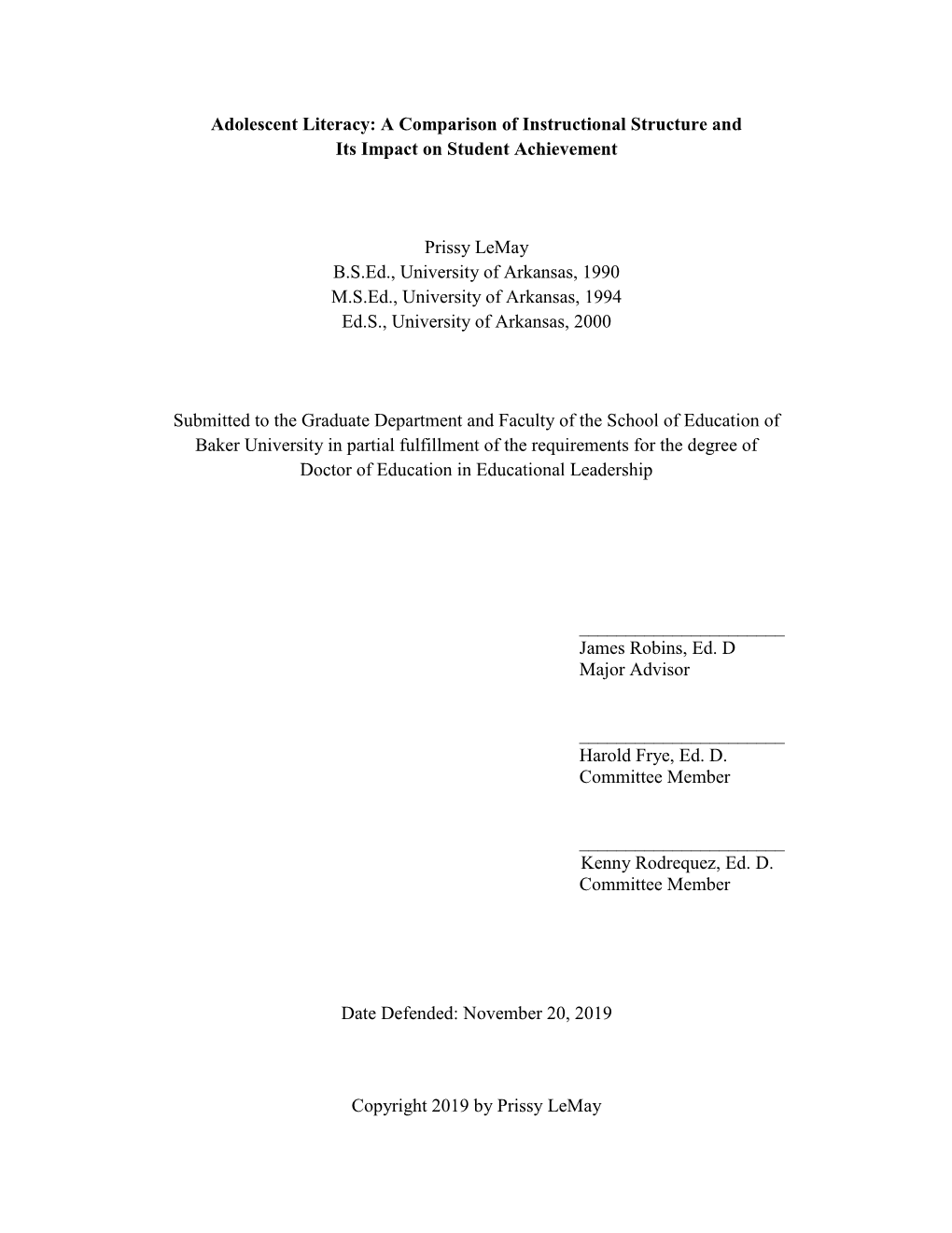 Adolescent Literacy: a Comparison of Instructional Structure and Its Impact on Student Achievement