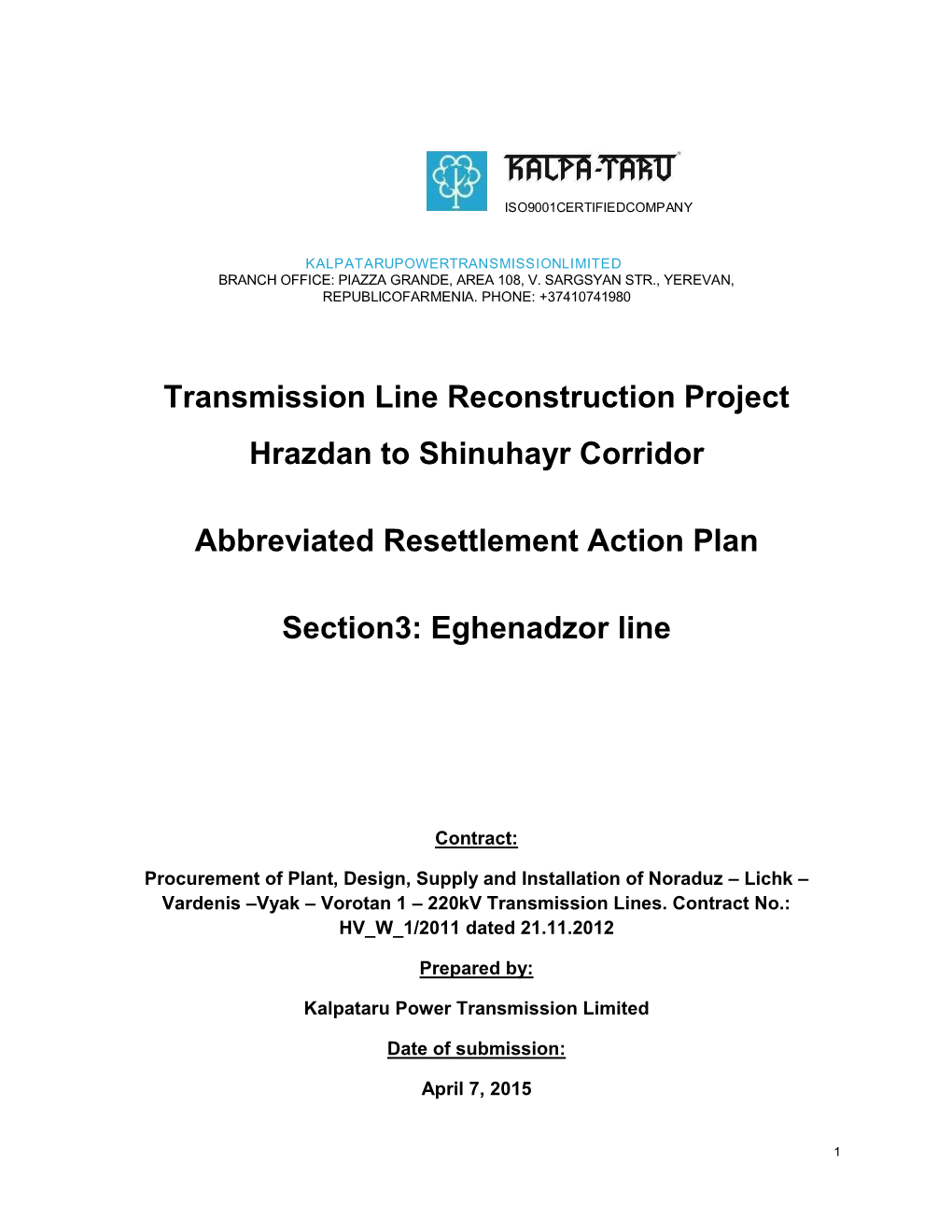 Transmission Line Reconstruction Project Hrazdan to Shinuhayr Corridor