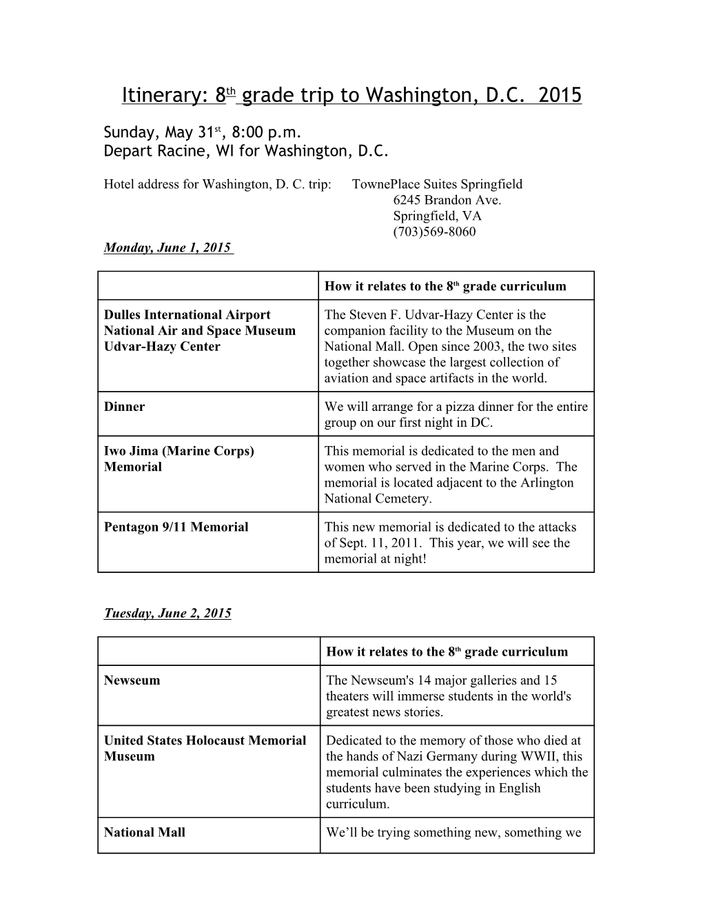 Itinerary: 8Th Grade Trip to Washington, D.C