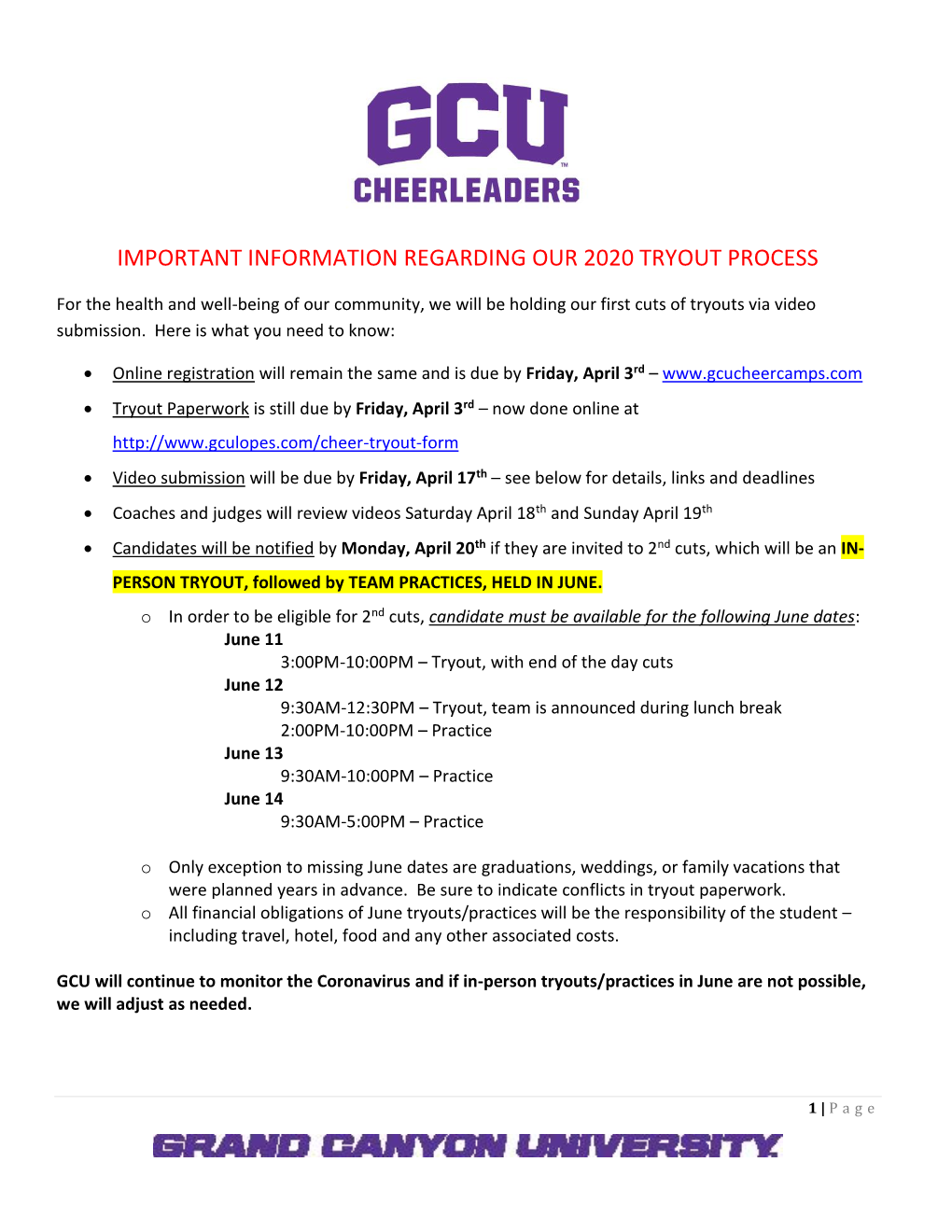 Important Information Regarding Our 2020 Tryout Process