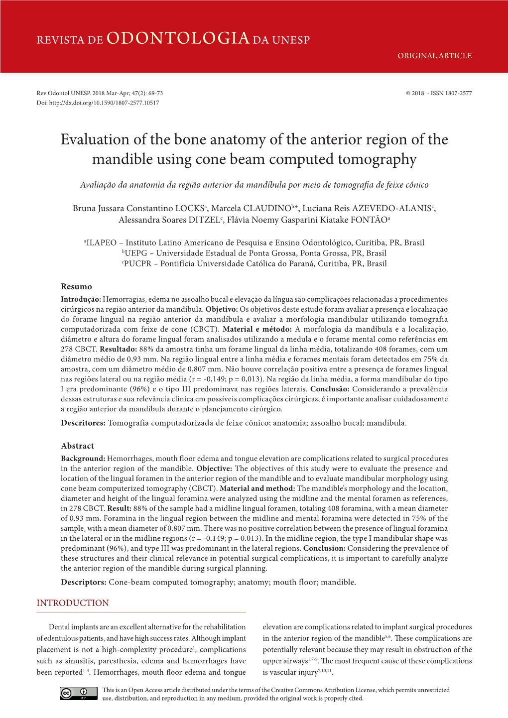 Evaluation of the Bone Anatomy of the Anterior Region of the Mandible Using Cone Beam Computed Tomography