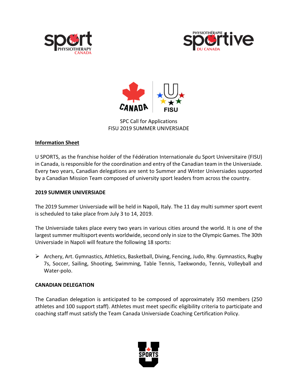 SPC Call for Applications FISU 2019 SUMMER UNIVERSIADE